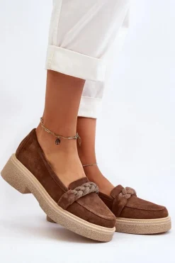 Zazoo 3429/W Damskie Zamszowe Mokasyny Z Ozdobą Brązowe