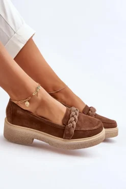 Zazoo 3429/W Damskie Zamszowe Mokasyny Z Ozdobą Brązowe