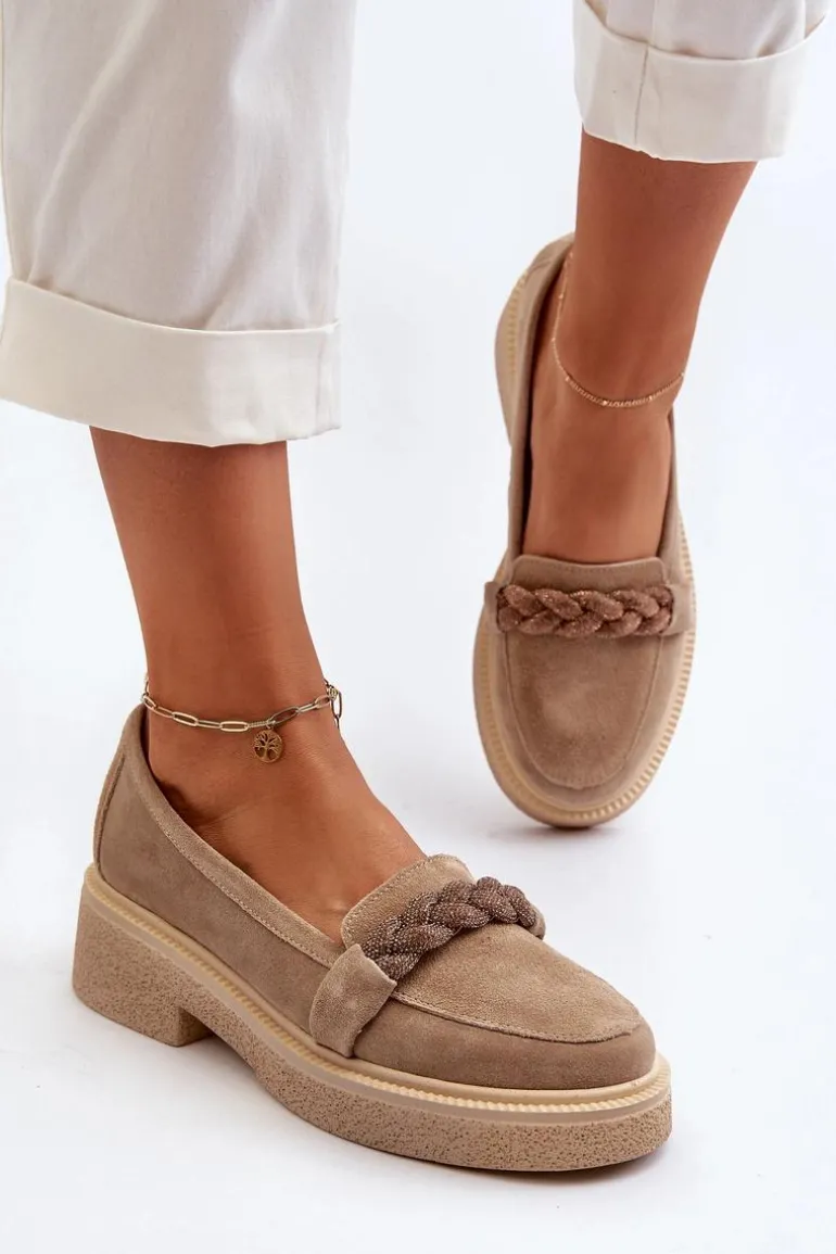 Zazoo 3429/W Damskie Zamszowe Mokasyny Z Ozdobą Beżowe