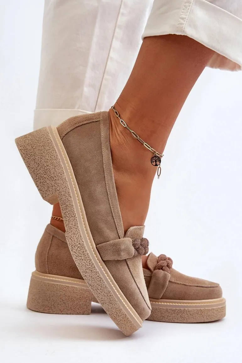 Zazoo 3429/W Damskie Zamszowe Mokasyny Z Ozdobą Beżowe