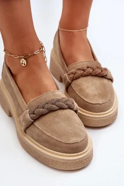 Zazoo 3429/W Damskie Zamszowe Mokasyny Z Ozdobą Beżowe