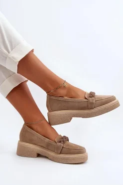 Zazoo 3429/W Damskie Zamszowe Mokasyny Z Ozdobą Beżowe