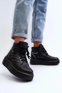 Zazoo 3392/X Damskie Skórzane Buty Sportowe Na Platformie Czarne