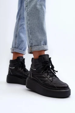 Zazoo 3392/X Damskie Skórzane Buty Sportowe Na Platformie Czarne