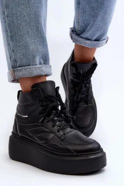 Zazoo 3392/X Damskie Skórzane Buty Sportowe Na Platformie Czarne