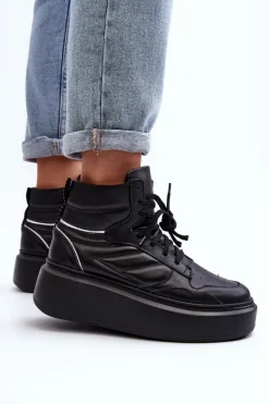 Zazoo 3392/X Damskie Skórzane Buty Sportowe Na Platformie Czarne