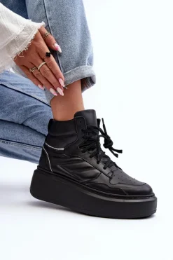 Zazoo 3392/X Damskie Skórzane Buty Sportowe Na Platformie Czarne