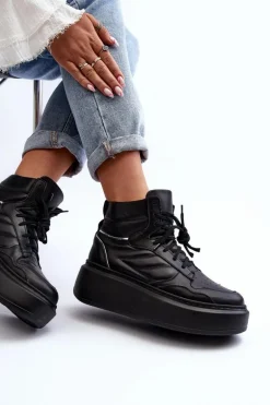 Zazoo 3392/X Damskie Skórzane Buty Sportowe Na Platformie Czarne