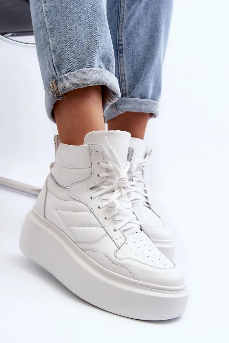 Zazoo 3392/X Damskie Skórzane Buty Sportowe Na Platformie Białe