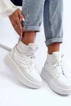 Zazoo 3392/X Damskie Skórzane Buty Sportowe Na Platformie Białe