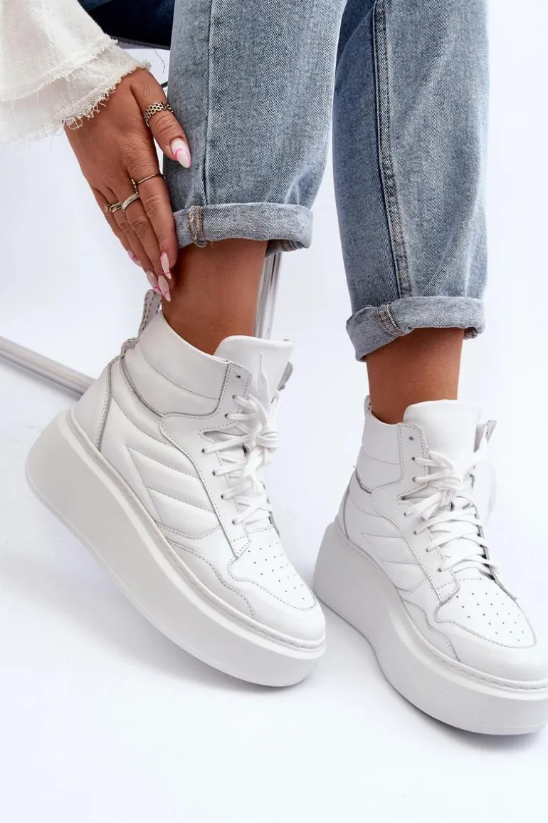 Zazoo 3392/X Damskie Skórzane Buty Sportowe Na Platformie Białe