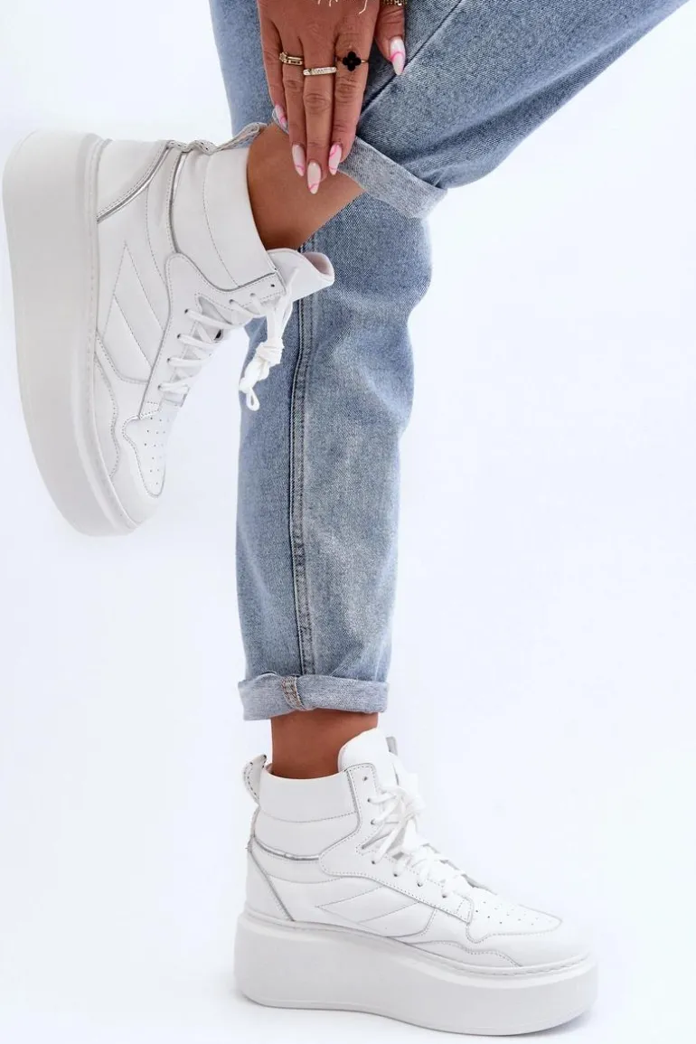 Zazoo 3392/X Damskie Skórzane Buty Sportowe Na Platformie Białe