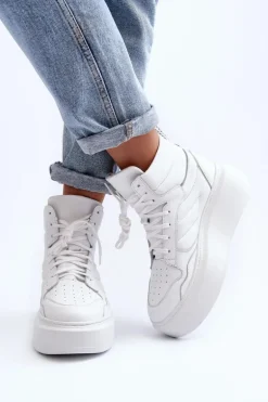 Zazoo 3392/X Damskie Skórzane Buty Sportowe Na Platformie Białe