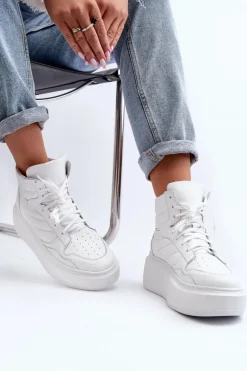 Zazoo 3392/X Damskie Skórzane Buty Sportowe Na Platformie Białe