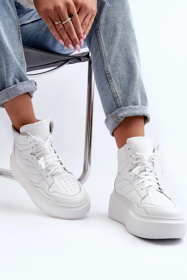 Zazoo 3392/X Damskie Skórzane Buty Sportowe Na Platformie Białe