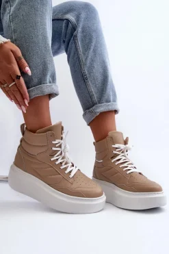 Zazoo 3392/X Damskie Skórzane Buty Sportowe Na Platformie Beżowe