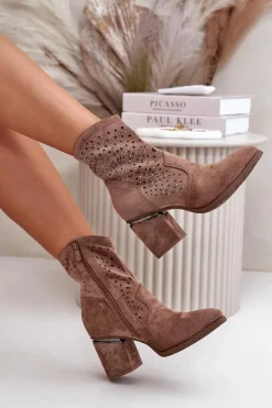 Zdobione Ażurowe Botki Damskie Na Słupku Z Eko Zamszu Brązowe S.Barski HY42-029