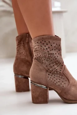 Zdobione Ażurowe Botki Damskie Na Słupku Z Eko Zamszu Brązowe S.Barski HY42-029