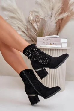 Zdobione Ażurowe Botki Damskie Na Słupku Z Eko Zamszu Czarne S.Barski HY42-029