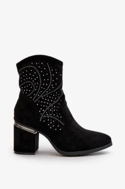 Zdobione Ażurowe Botki Damskie Na Słupku Z Eko Zamszu Czarne S.Barski HY42-029