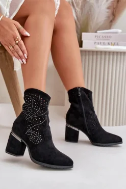 Zdobione Ażurowe Botki Damskie Na Słupku Z Eko Zamszu Czarne S.Barski HY42-029