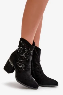 Zdobione Ażurowe Botki Damskie Na Słupku Z Eko Zamszu Czarne S.Barski HY42-029