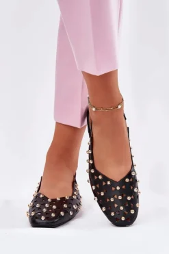 Zdobione Baleriny Na Płaskim Obcasie Czarne Nilarisela