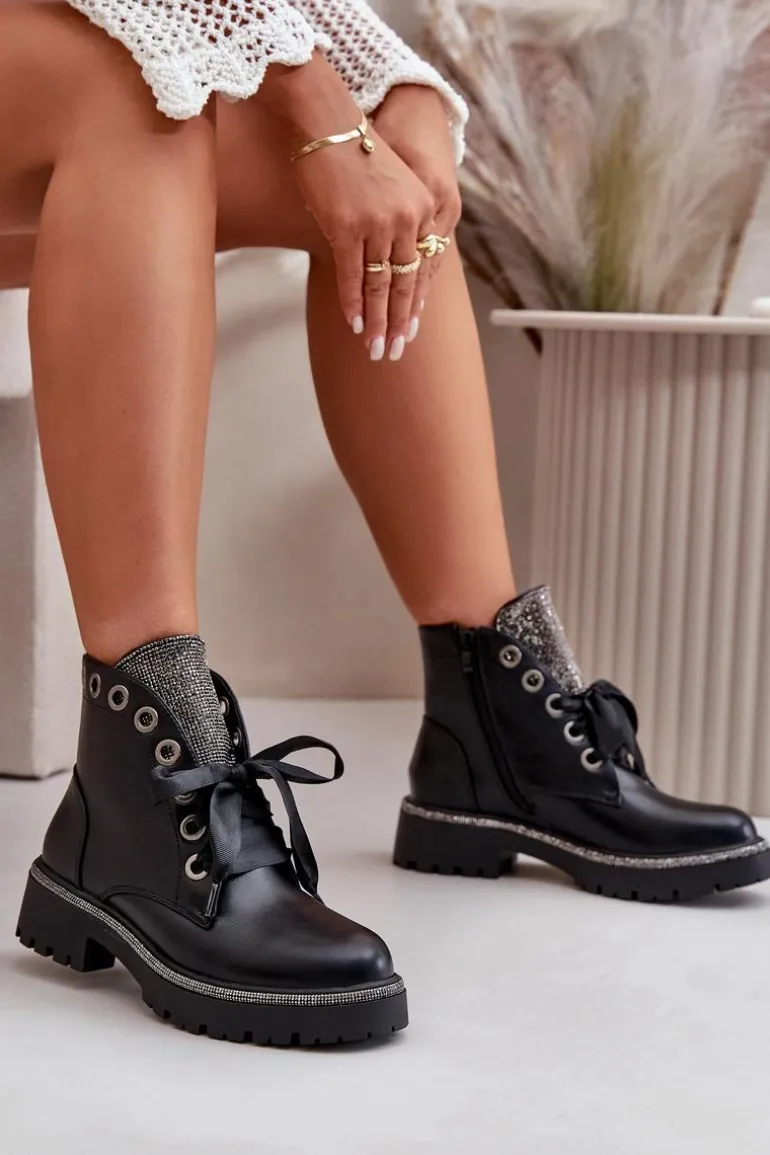 Zdobione Botki Damskie Eko Skórzane Ocieplane Czarne Rilatha