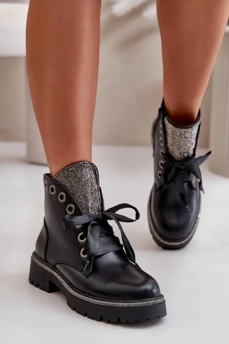 Zdobione Botki Damskie Eko Skórzane Ocieplane Czarne Rilatha