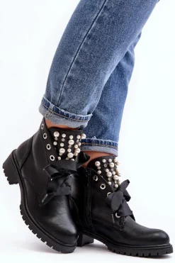 Zdobione Botki Damskie Na Suwak Czarne Elonte