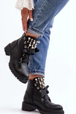 Zdobione Botki Damskie Na Suwak Czarne Elonte