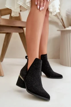 Zdobione Botki Damskie Na Obcasie Z Noskami W Szpic Czarne Fararia