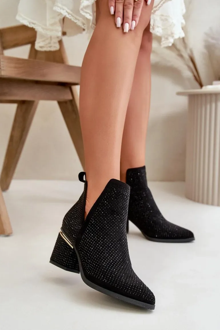 Zdobione Botki Damskie Na Obcasie Z Noskami W Szpic Czarne Fararia