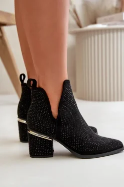 Zdobione Botki Damskie Na Obcasie Z Noskami W Szpic Czarne Fararia