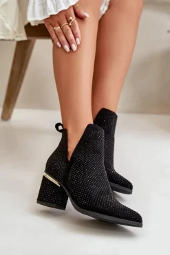 Zdobione Botki Damskie Na Obcasie Z Noskami W Szpic Czarne Fararia