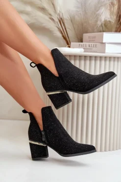 Zdobione Botki Damskie Na Obcasie Z Noskami W Szpic Czarne Fararia