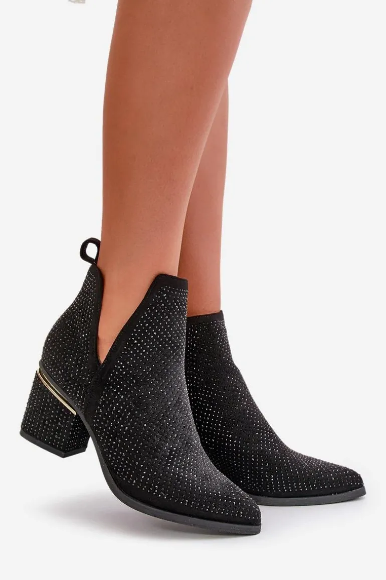 Zdobione Botki Damskie Na Obcasie Z Noskami W Szpic Czarne Fararia