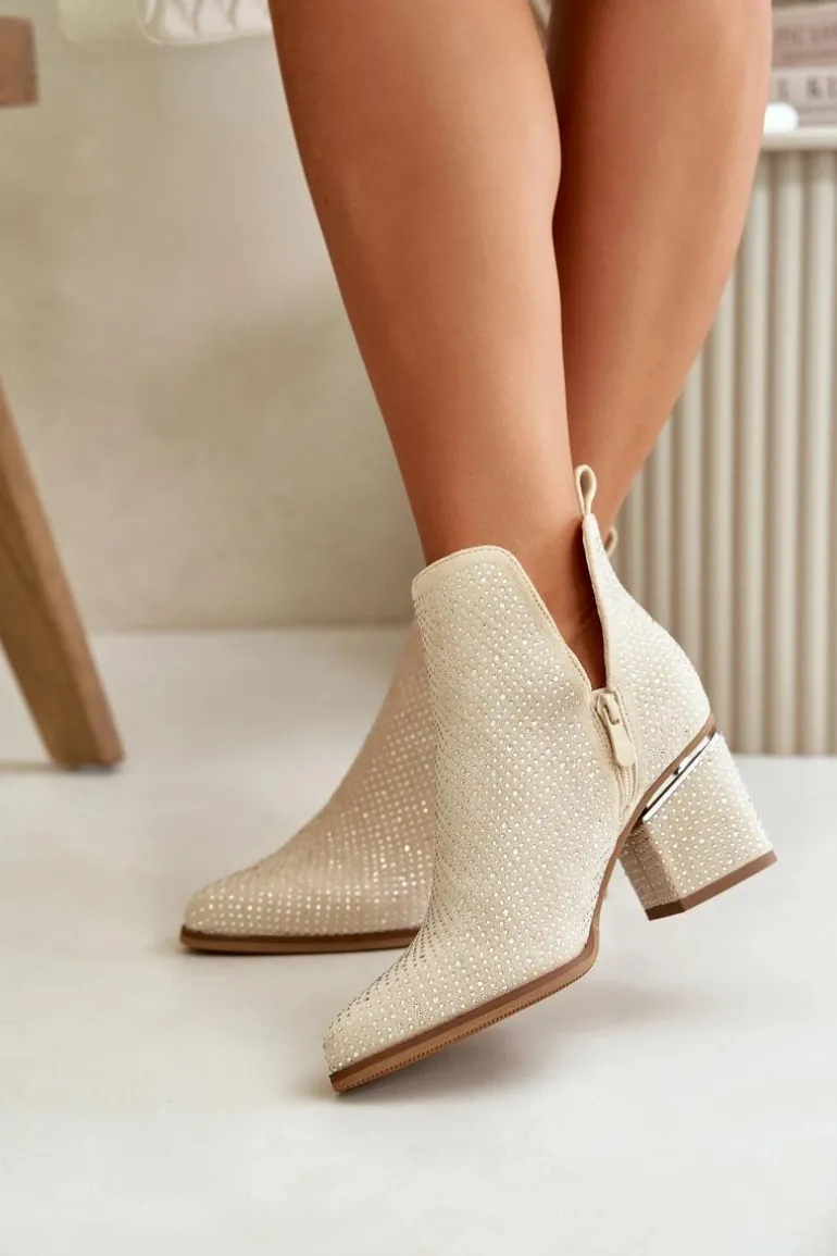 Zdobione Botki Damskie Na Obcasie Z Noskami W Szpic Beżowe Fararia