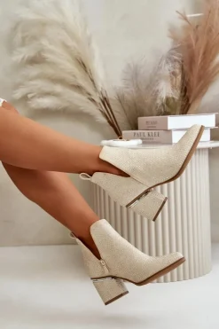 Zdobione Botki Damskie Na Obcasie Z Noskami W Szpic Beżowe Fararia