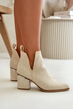 Zdobione Botki Damskie Na Obcasie Z Noskami W Szpic Beżowe Fararia