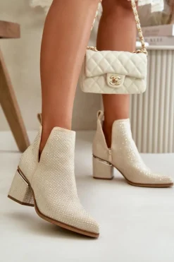 Zdobione Botki Damskie Na Obcasie Z Noskami W Szpic Beżowe Fararia