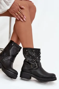 Zdobione Botki Damskie Z Klamrą Czarne Mivana