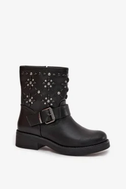 Zdobione Botki Damskie Z Klamrą Czarne Mivana