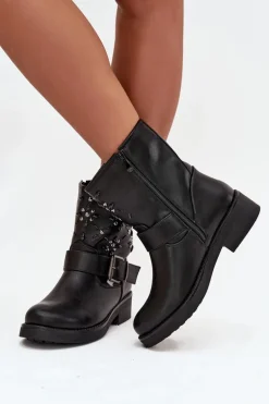 Zdobione Botki Damskie Z Klamrą Czarne Mivana