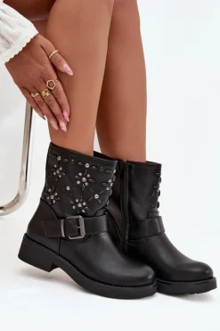 Zdobione Botki Damskie Z Klamrą Czarne Mivana