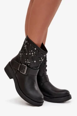 Zdobione Botki Damskie Z Klamrą Czarne Mivana