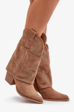 Zdobione Botki Kowbojki Do Połowy Łydki Na Słupku S.Barski HY42-153 Camel