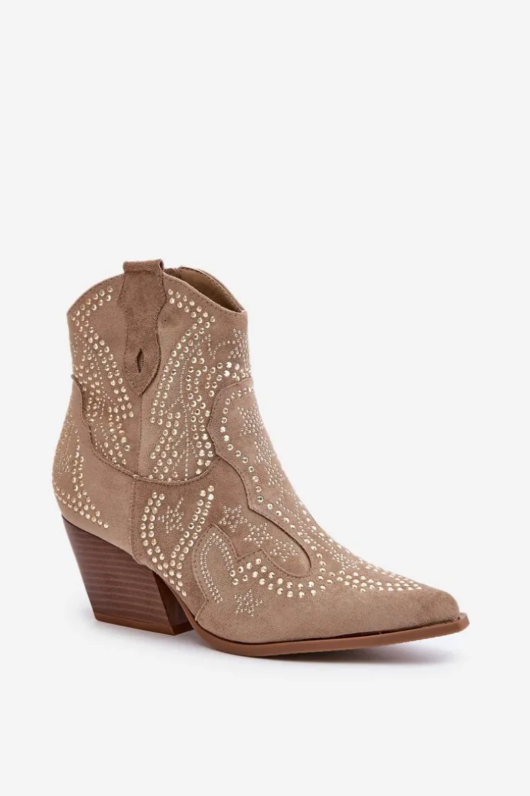 Zdobione Botki Kowbojki Na Obcasie Beżowe Kaivina