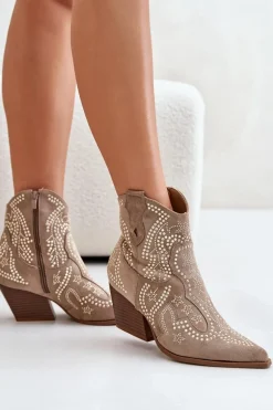 Zdobione Botki Kowbojki Na Obcasie Beżowe Kaivina