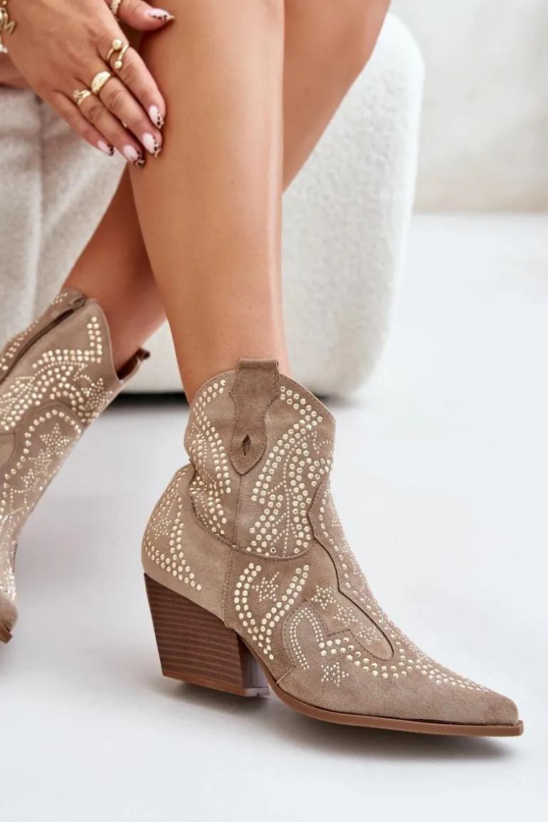 Zdobione Botki Kowbojki Na Obcasie Beżowe Kaivina